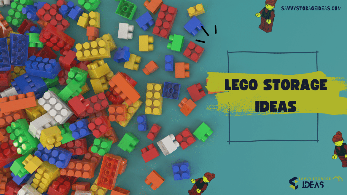 A view of lego spread all over along with the storage title