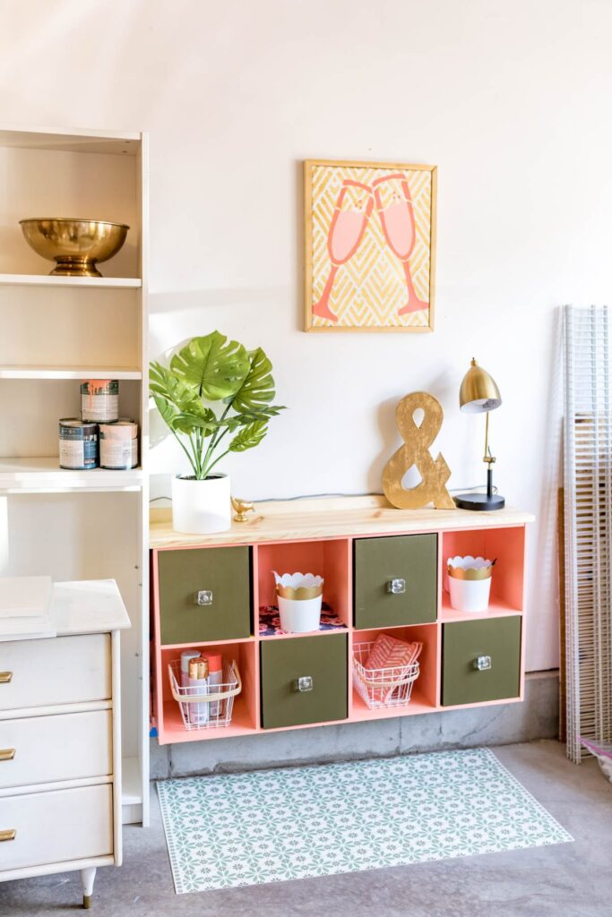 a cube storage boxes in a room with baskets in the drawers