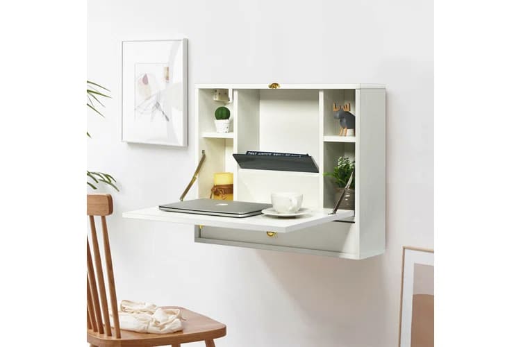 a laptop and a cup of tea on a wall mounted desk