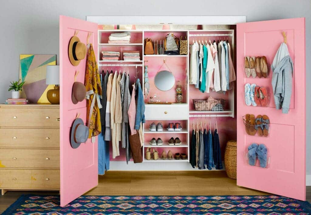 a pink hanging closet organizer