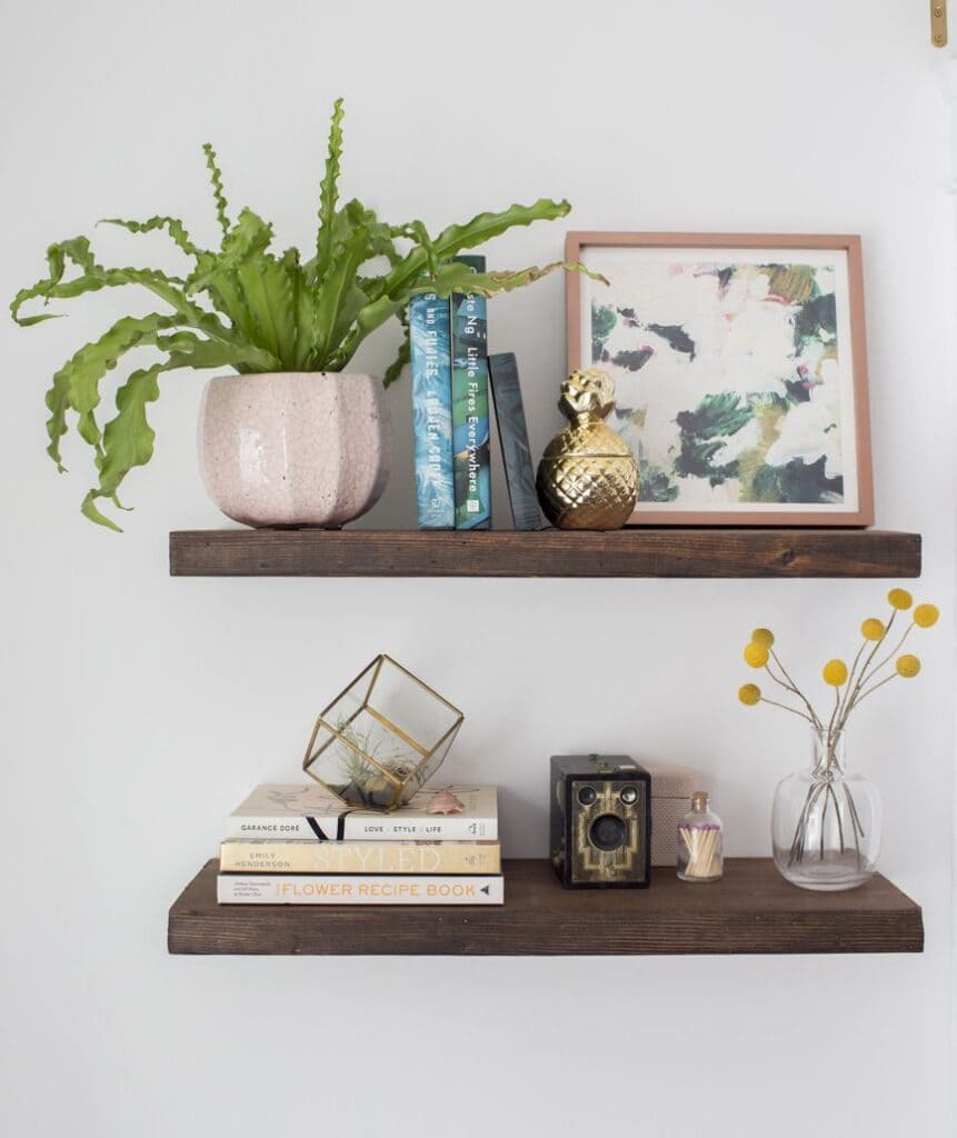 floating shelves with decorative items