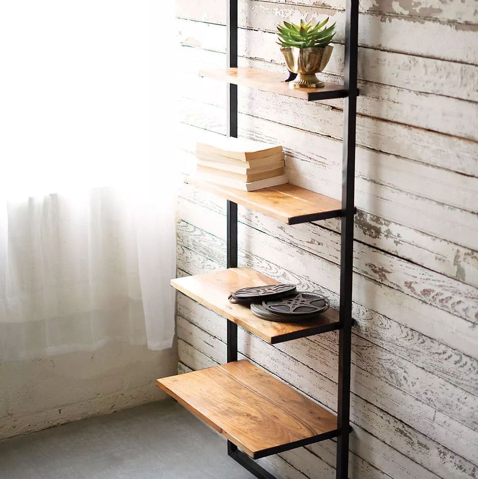 ladder shelves with books and some plant pots