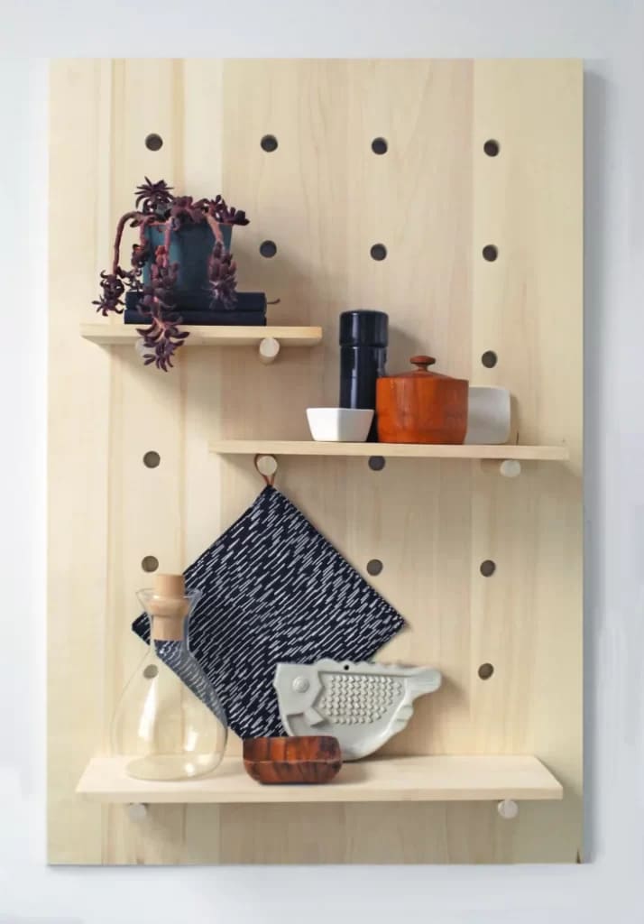 pegboard shelve with plant pot and some other decorative items