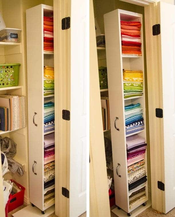 A view of colorful fabric stored inside a closet