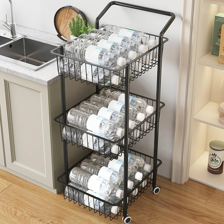 A view of water bottles kept inside a rolling cart