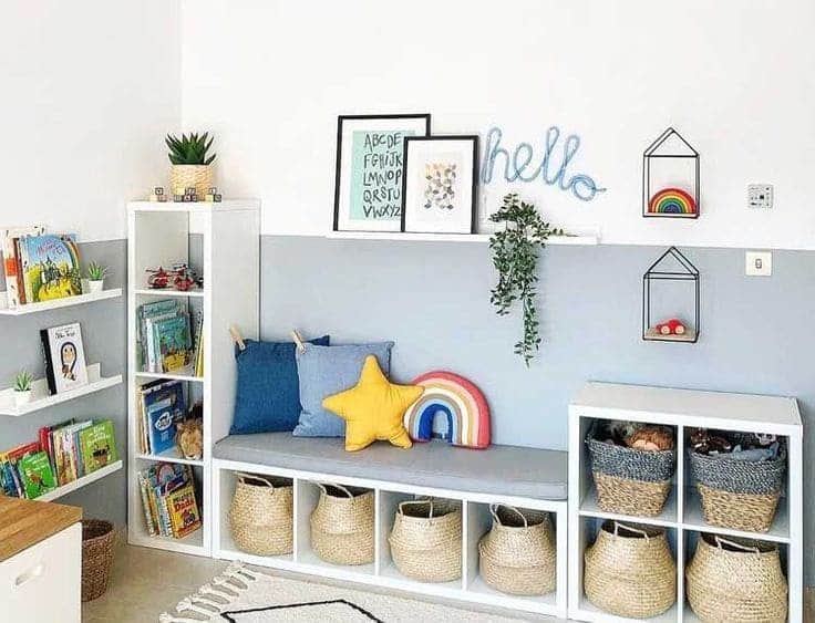 basket placed in book shelf for toys decorative items on walls