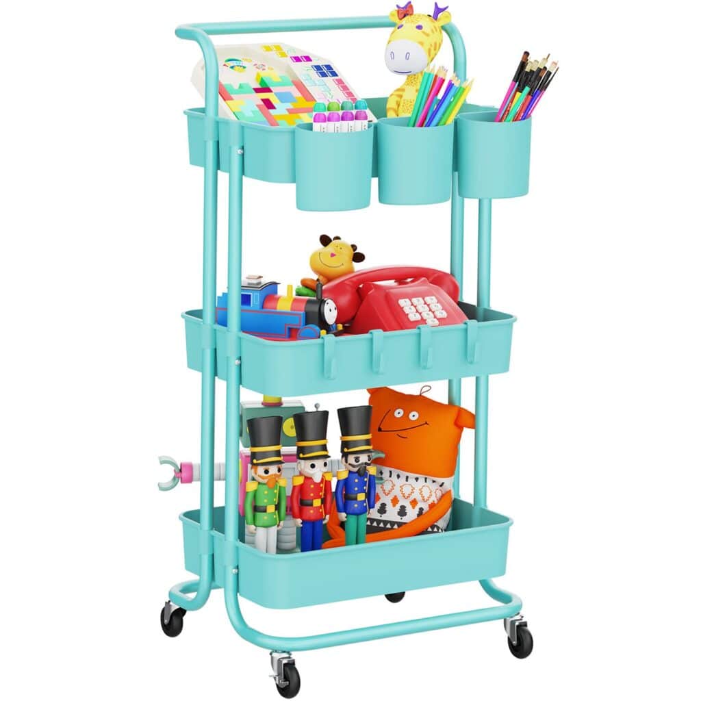 blue color rolling cart with toys in it