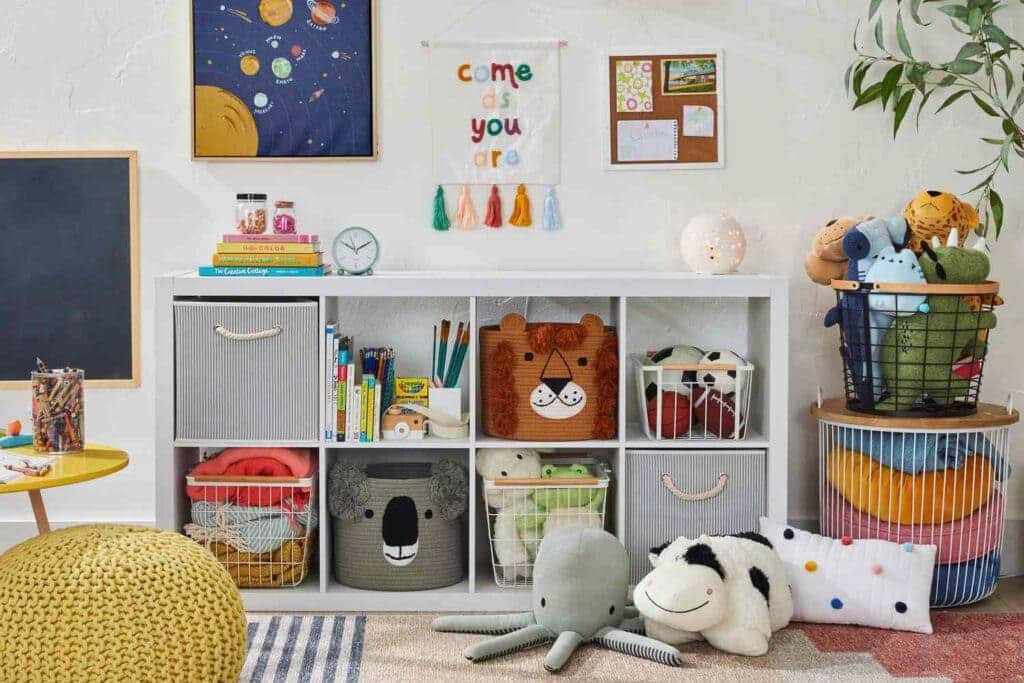 customized storage shelves with toys arranged in them