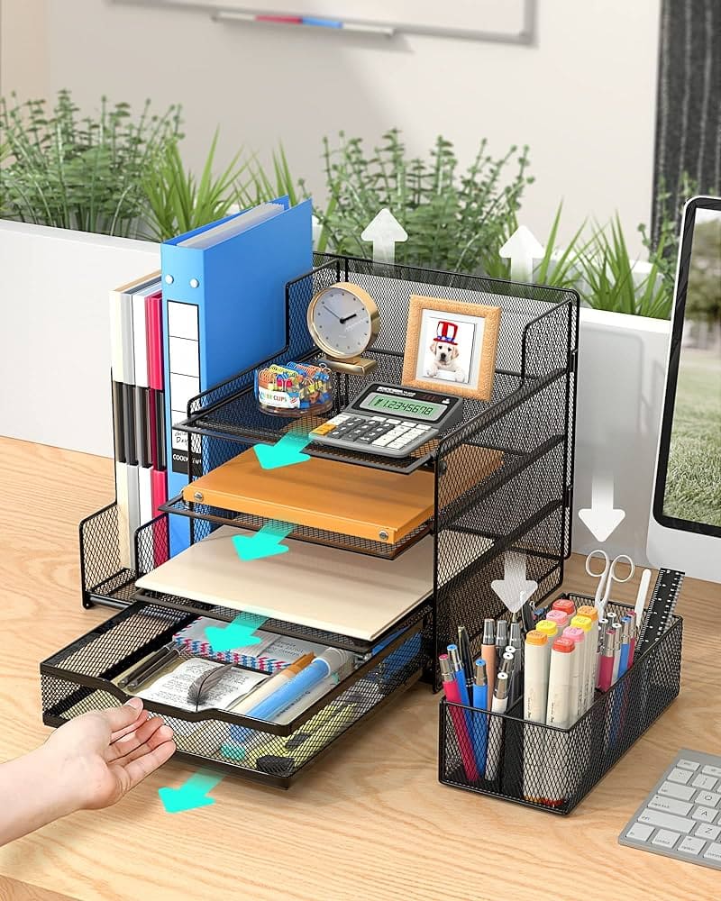 desk organizer on desk files and stationary organized on them