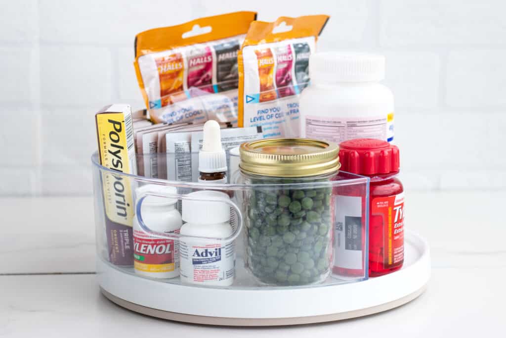 medicines and supplements organized in a lazy susan