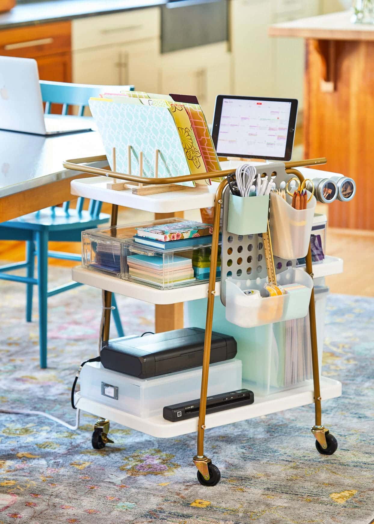 rolling cart in white color stationary organized in them