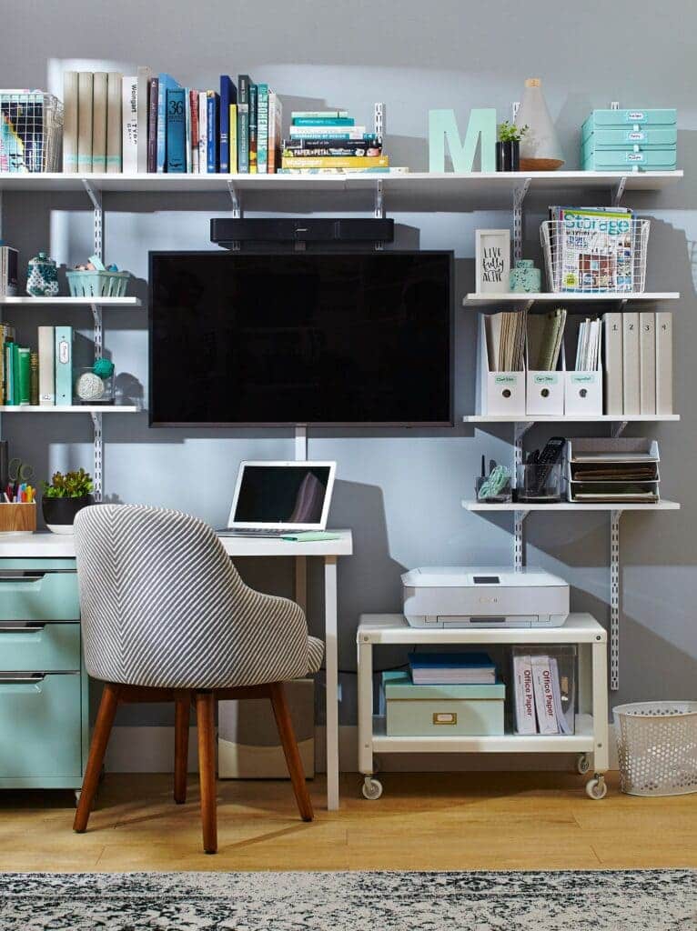 under desk storage with books and files placed in shelves