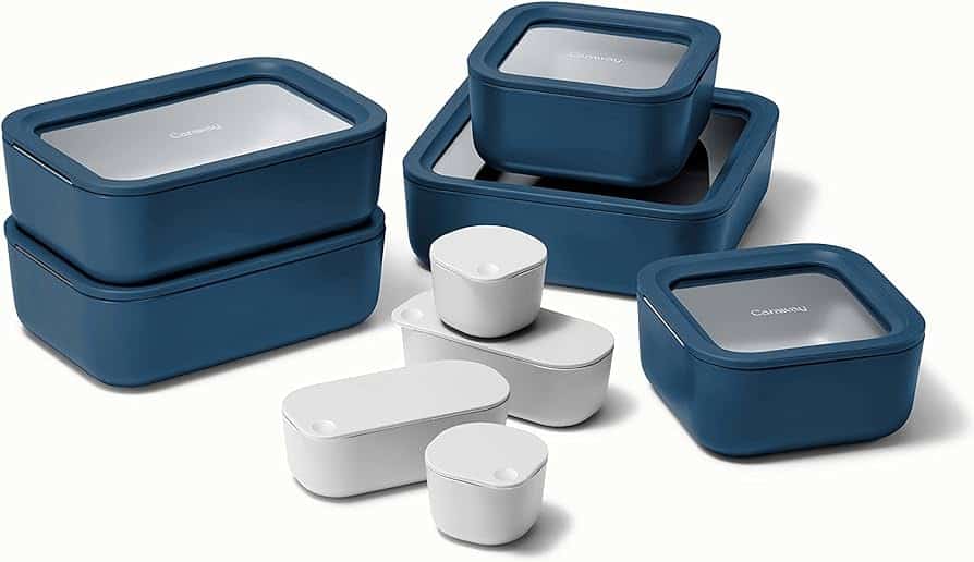 A view of a blue Caraway Food Storage Set with Glass Lids