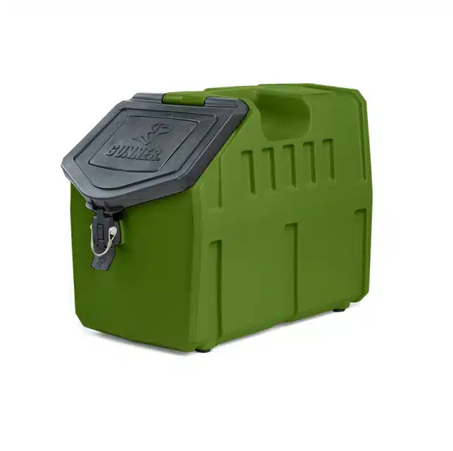 A view of a green Gunner Food Crate Dog Food Storage container