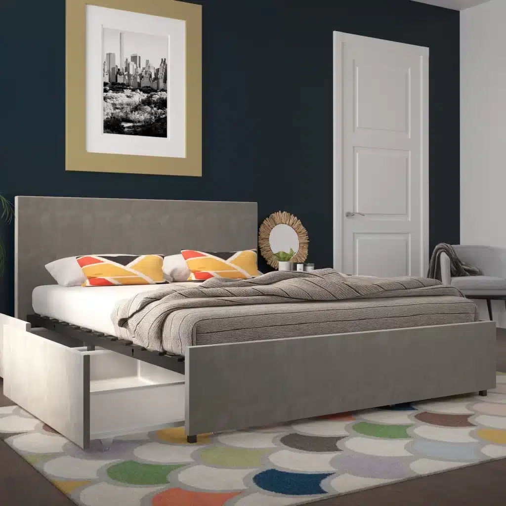 A view of a grey Novogratz Kelly Storage Bed