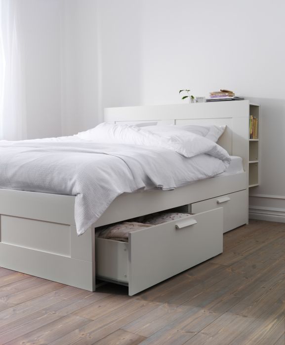 A view of a white Brimnes Bed Frame Storage