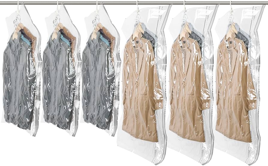 A view of six Taili Vacuum Clothing Bags hung with clothes on them