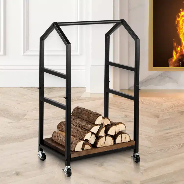 black firewood cart with logs placed on it