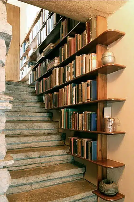 book shelf on a stair case