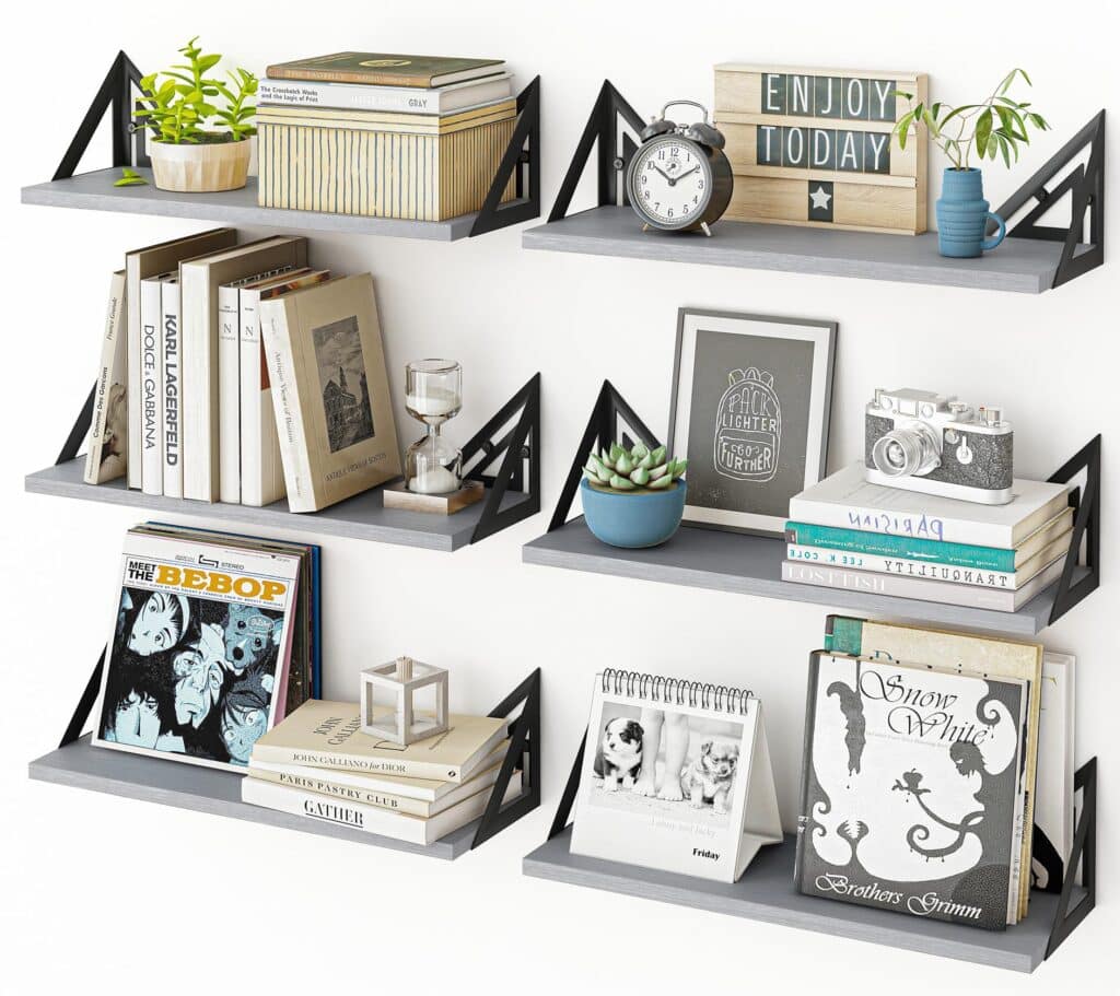 books, decorative pieces organized on floating shelves