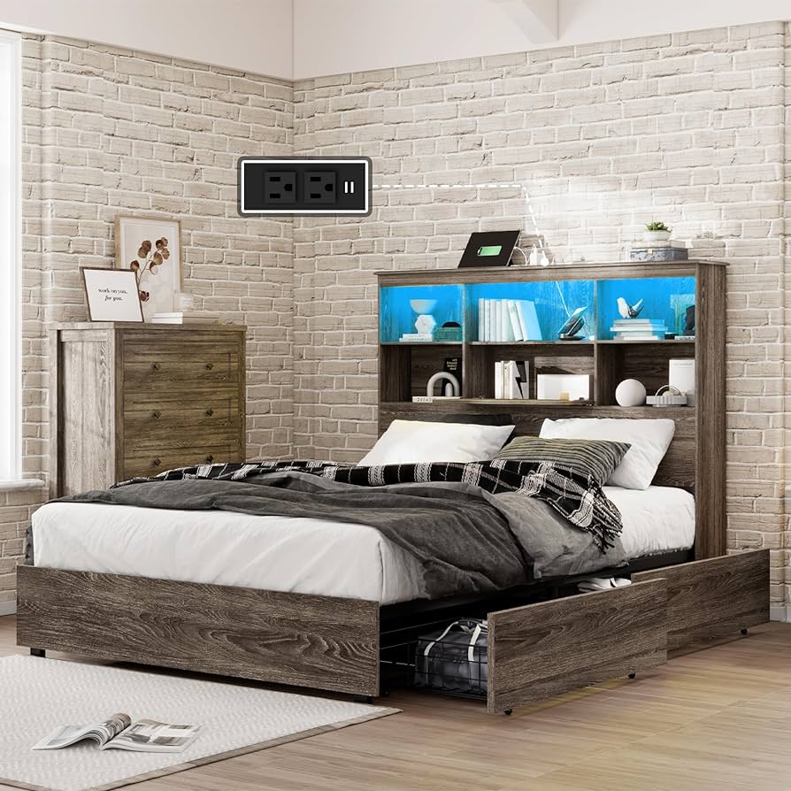 books placed in headboard with multiple decor items in a room