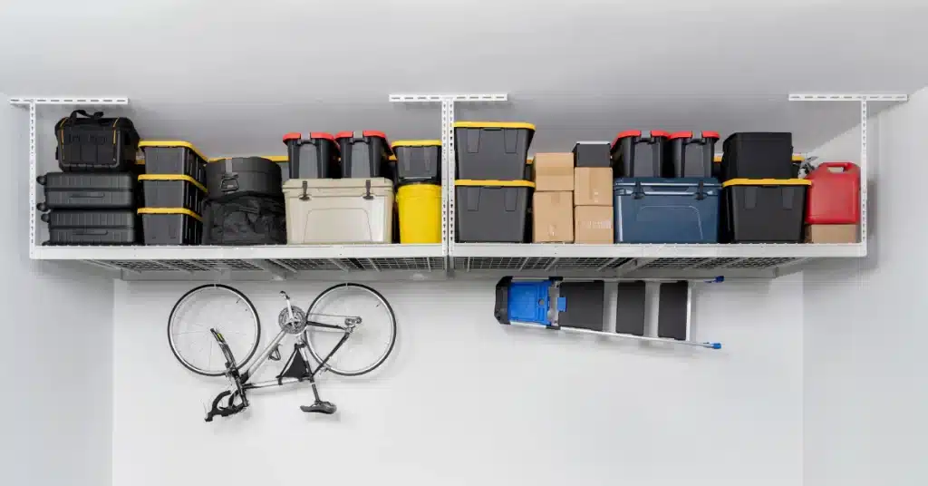 containers arranged in overhead rack