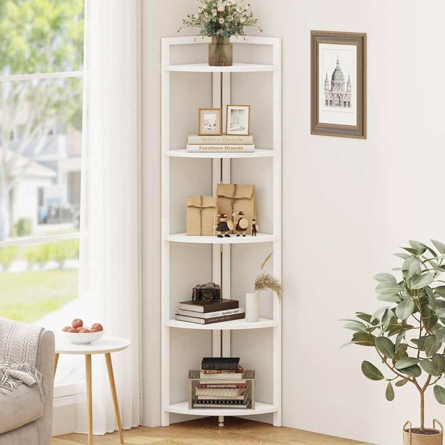 corner shelf with books and decorative items placed on them