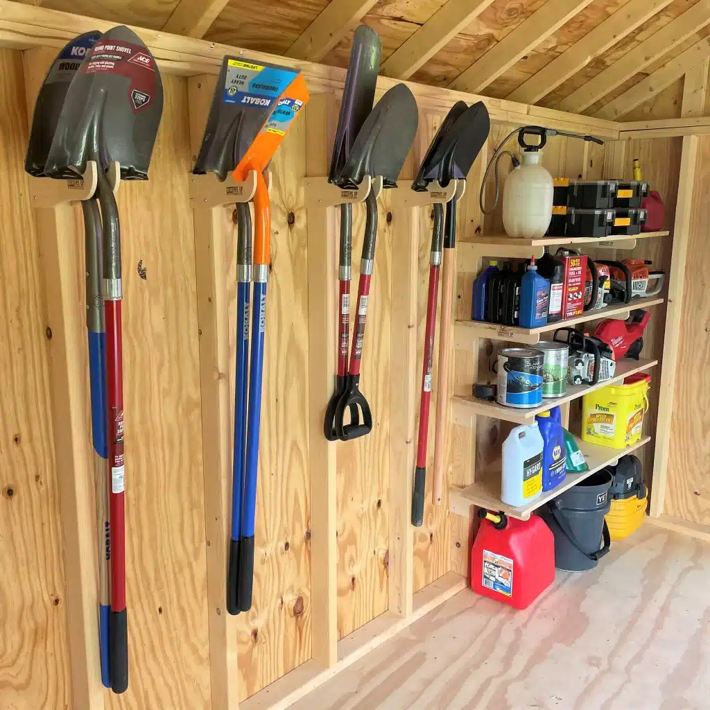 garden tools set on wooden racks