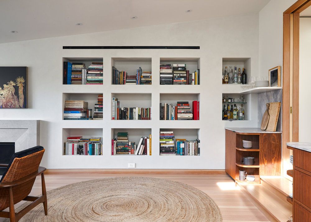 in built book shelves in a room