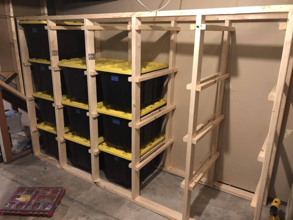 storage containers in wooden racks