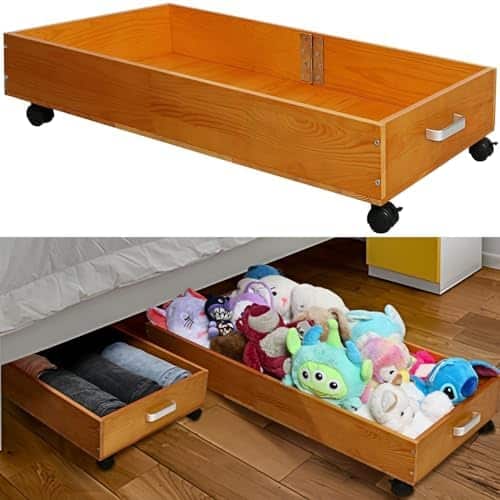 toys arranged in storage under bed