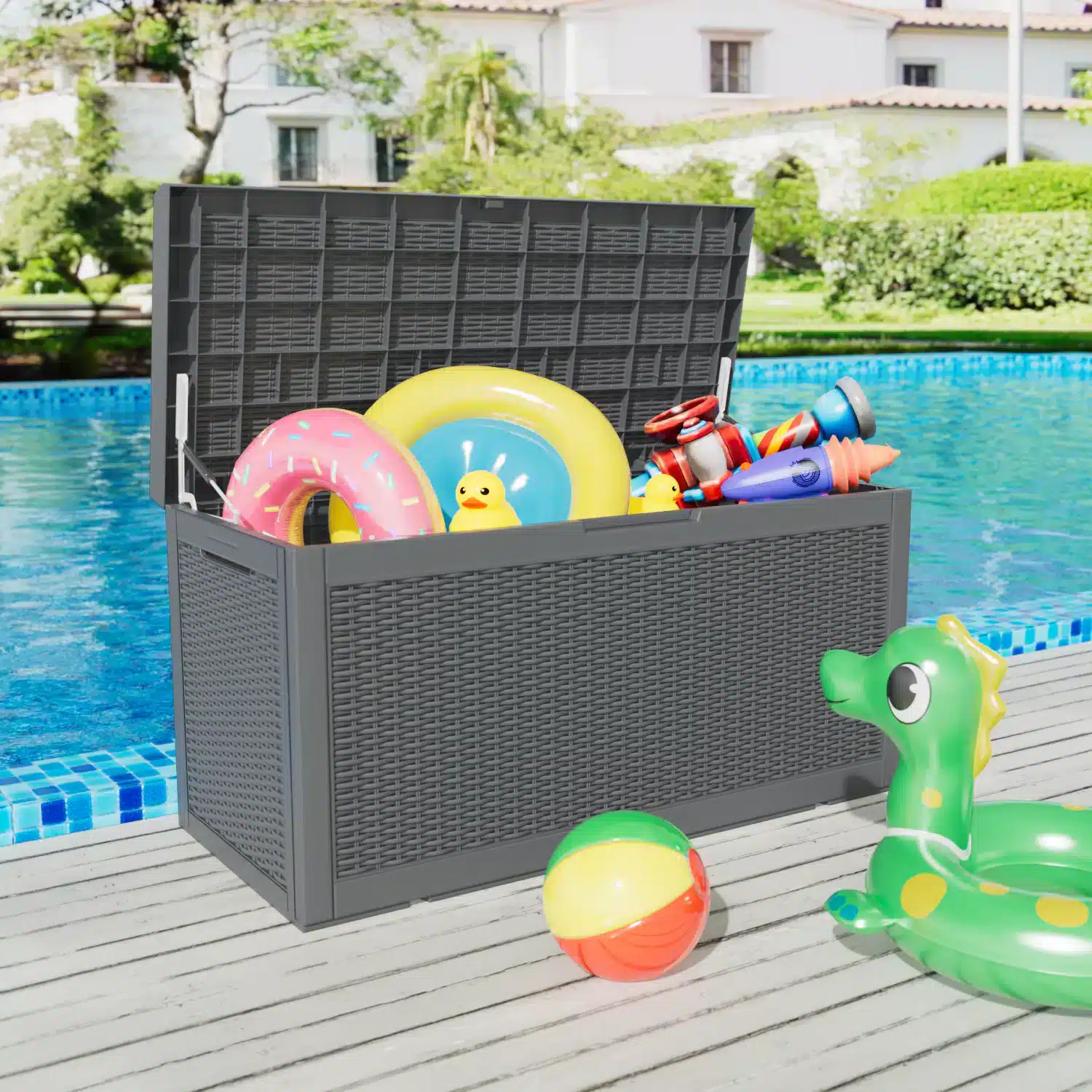 A view of a deck box with pool storage itema inside