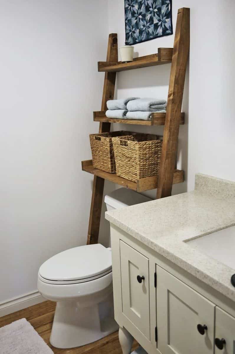 A view of a diy wooden box over a toilet