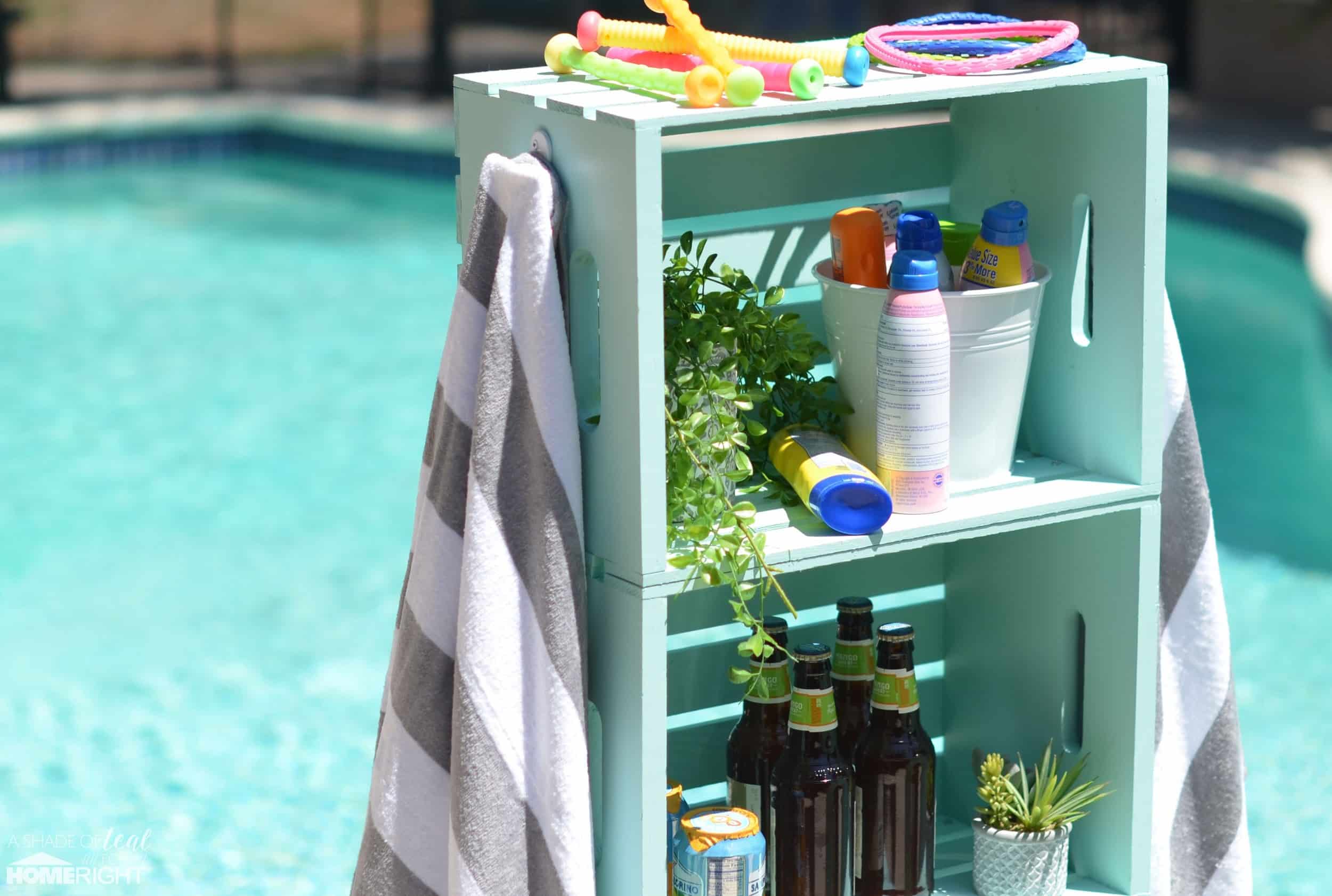 A view of a towel storage rack by the poolside