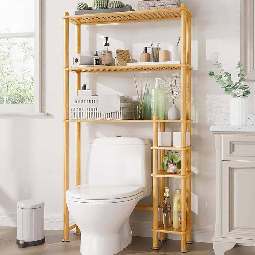 A view of a wooden build custom storage shelves over a toilet