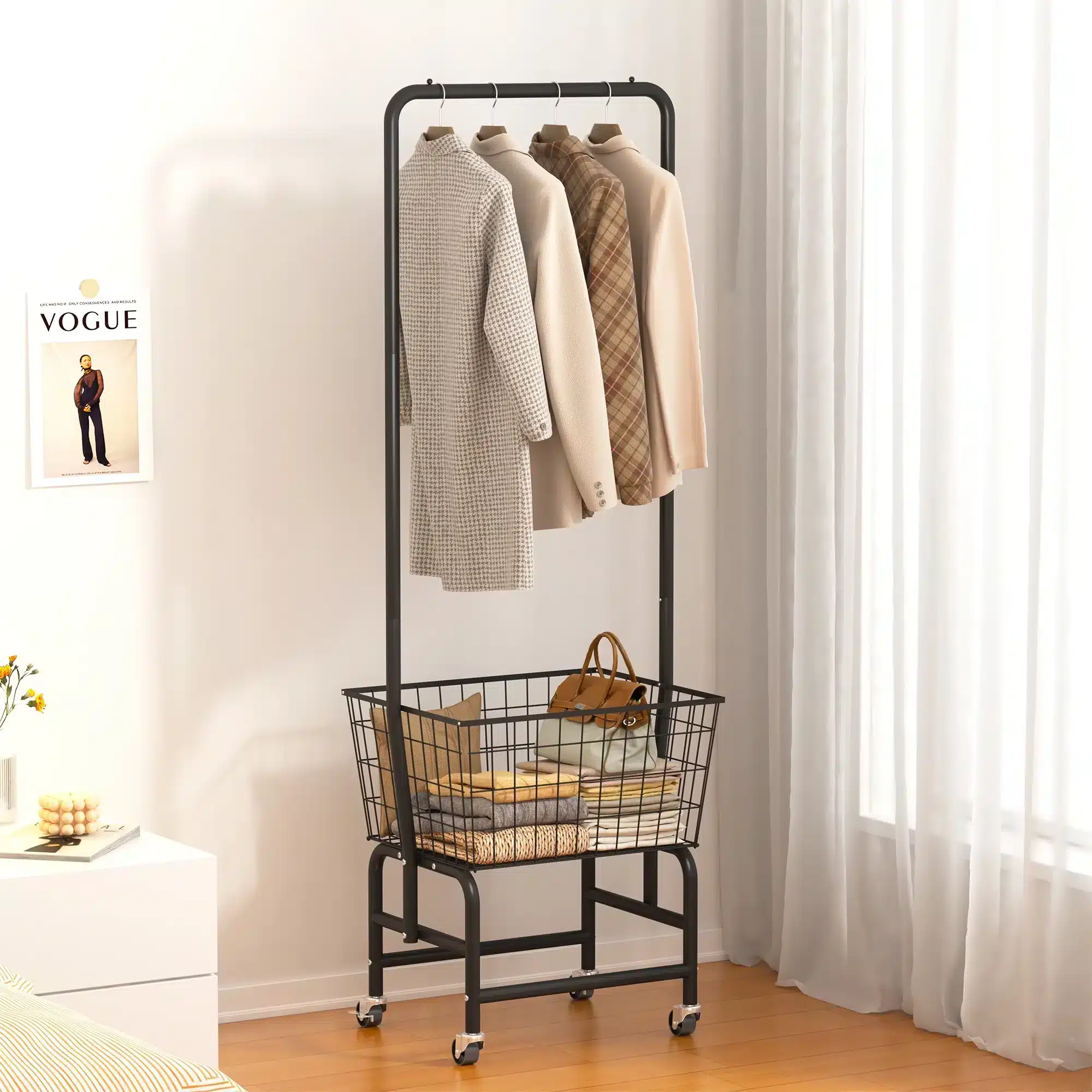 A view of coat hung from a rolling cart