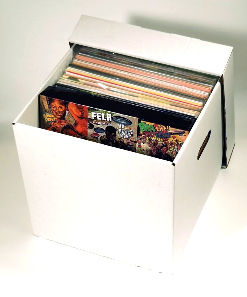 A view of a storage bin with records stored inside