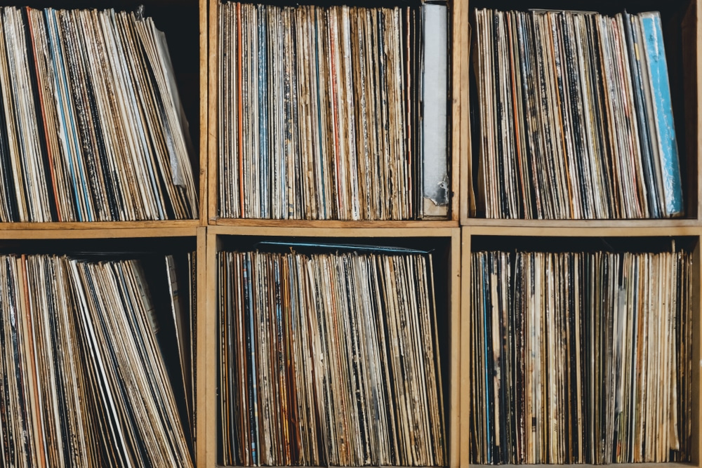 A view of records stored inisde cubby shelves