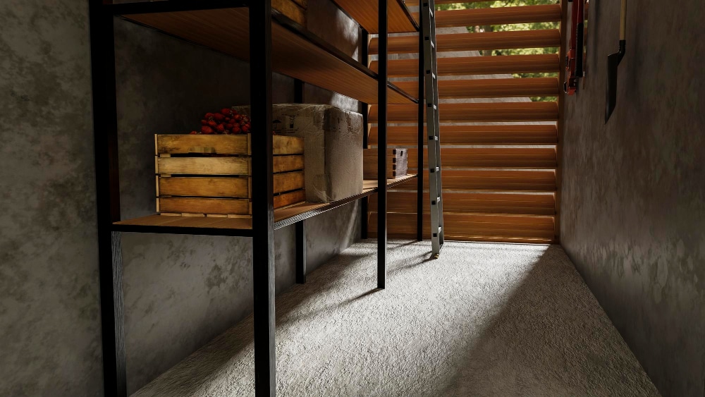 A view of wooden shelves for storage in a basement