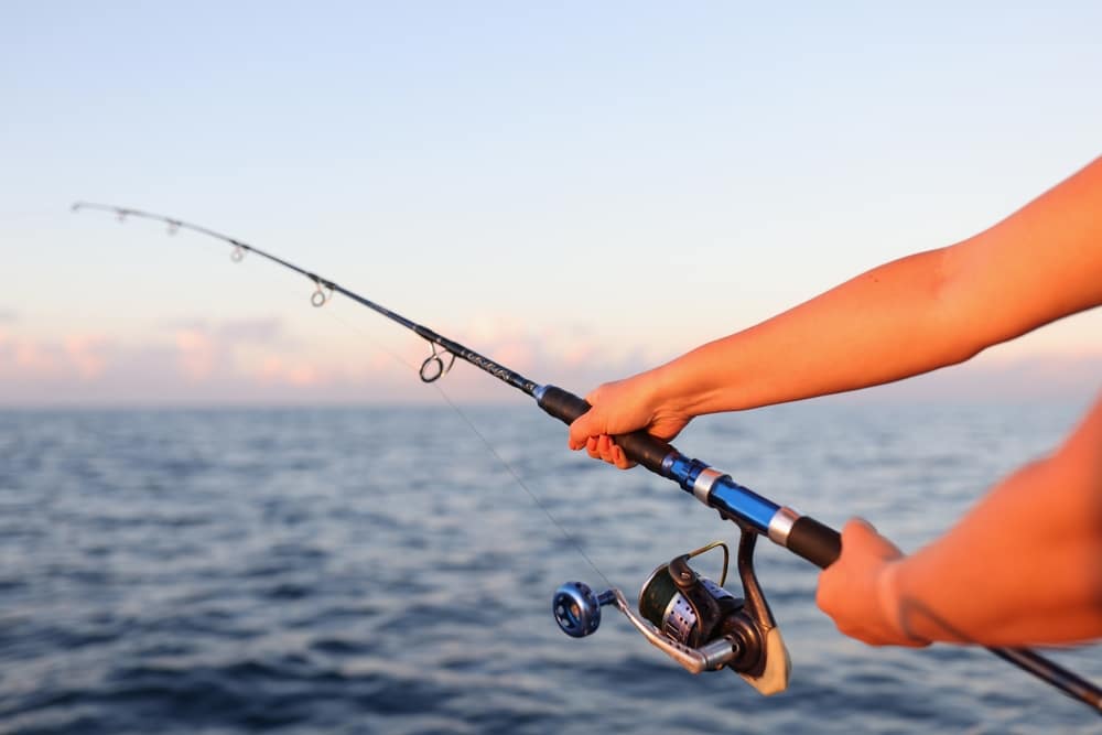 A view of a person holding a fishing rod by the sea