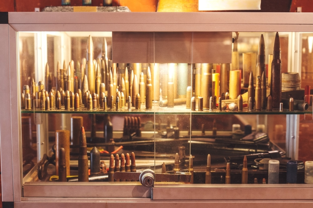 A view of ammo stored inside a glass cabinet