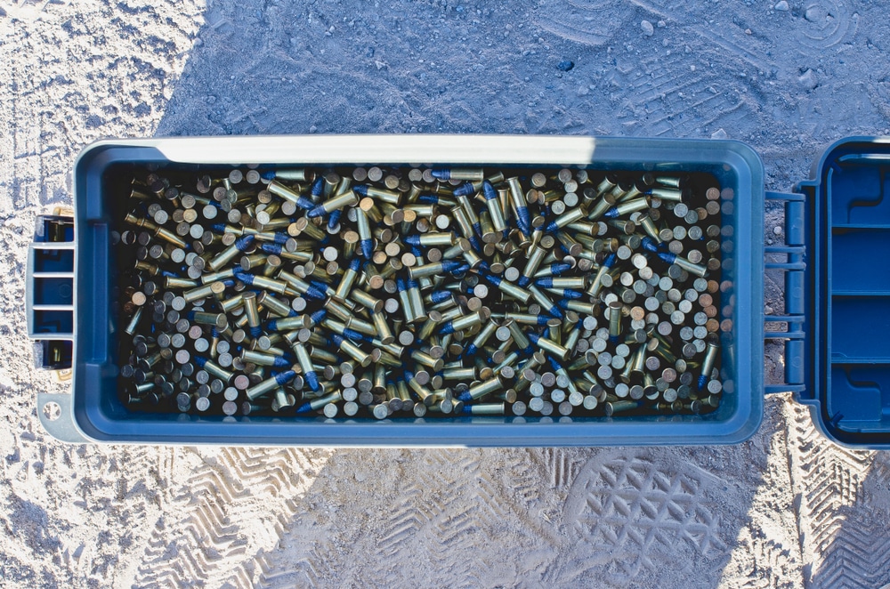 An overhead view of ammo gun bullets stored inside a box