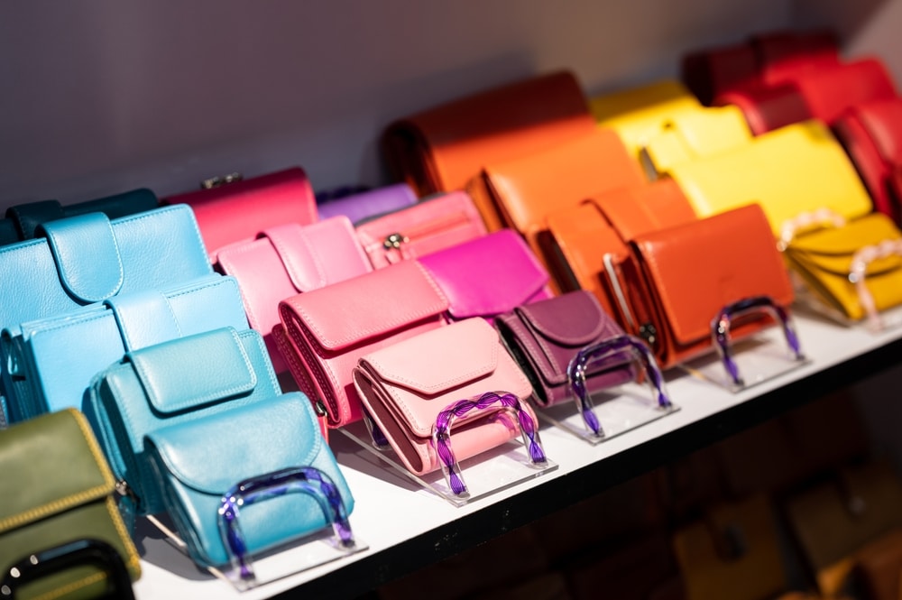 A view of colorful purses displayed