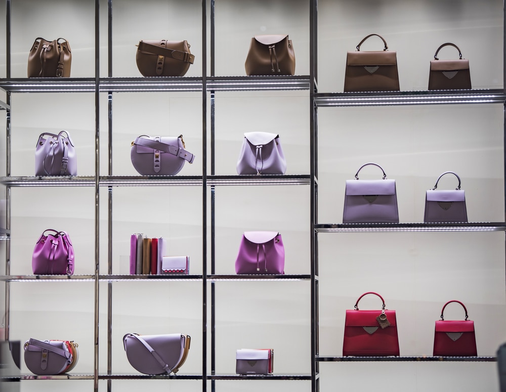 A view of purses displayed on a shelf